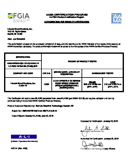 PR CERTIFICATE FL6683 R23 C CAC 6-0 X 8-0 CLAD LIFESYTLE OUT-SWING DOOR-PG50