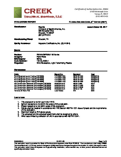 PR TECH DOCS FL7411 R3 AE FAE12002.2 2017 FBC EVAL REPORT   RESOLITE FRP WALL PANEL FINAL