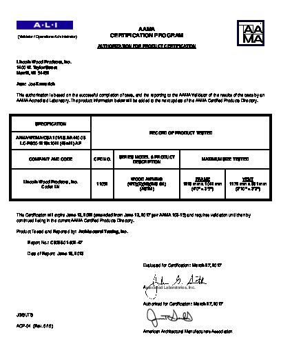 PR CERTIFICATE FL7460 R16 C CAC 43 X 36 WOOD AWNING