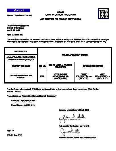 PR CERTIFICATE FL7460 R22 C CAC 54 X 60 WOOD AWNING