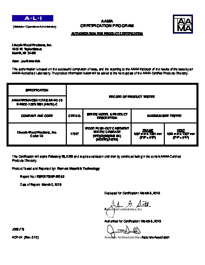 PR CERTIFICATE FL7461 R22 C CAC 42 X 78 WOOD PUSH-OUT CASEMENT - PG50
