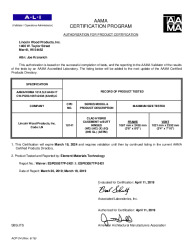 PR CERTIFICATE FL7461 R22 C CAC 42 X 96 CLAD HYBRID BUTT HINGE CASEMENT