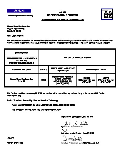 PR CERTIFICATE FL7461 R22 C CAC 72 X 78 WOOD CASEMENT MULL - PG50