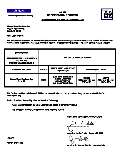 PR CERTIFICATE FL7461 R23 C CAC 64  X 78 CLAD CASEMENT MULL- 4-916 JAMB - PG50
