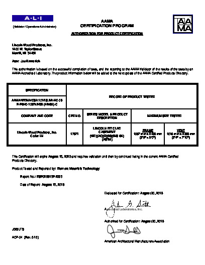 PR CERTIFICATE FL7461 R25 C CAC 42 X 96 CLAD LINCOLN FIT CASEMENT