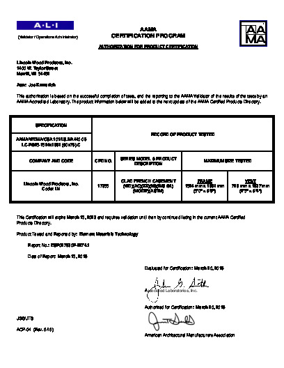 PR CERTIFICATE FL7461 R25 C CAC 60 X 78 CLAD FRENCH CASEMENT