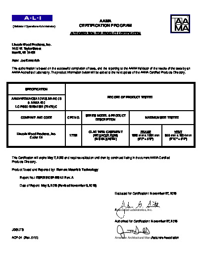 PR CERTIFICATE FL7461 R25 C CAC 72 X 78 CLAD CASEMENT MULL