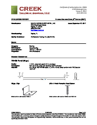 PR Instl Docs FL9318 R4 II DCSM15002.1b 2017 FBC Eval Report 26 ga. VS-150