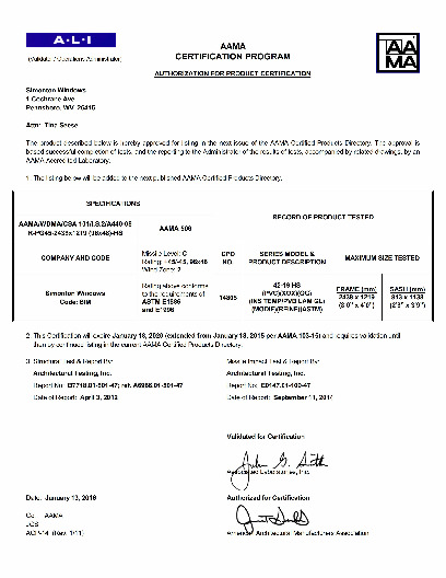PR CERTIFICATE FL10160 R14 C CAC 42-19 EV IMPACT TEMPERED 96X48 R45 (EXT.)