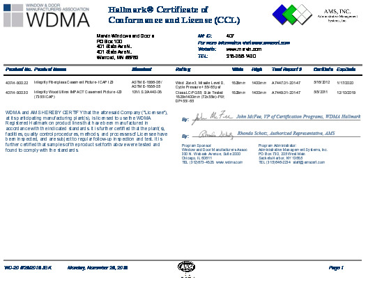 PR CERTIFICATE FL10188 R10 C CAC 407-H-900.30 INTEGRITY WOOD ULTREX IMPACT CASEMENT PICTURE -IZ3 7355 ICAP