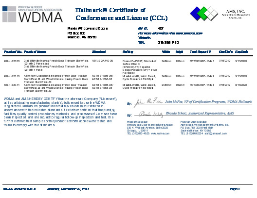 PR CERTIFICATE FL10191 R8 C CAC CCL FOR MARVIN 407-H-920.06, .10, .11