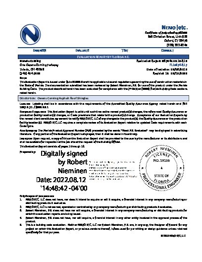 PR Instl Docs FL10674 R17 II 2022 08 12 FINAL ER OC ASPHALT SHINGLES FL10674-R17