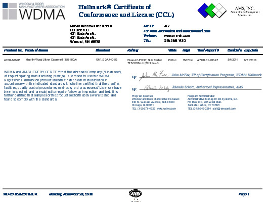 PR CERTIFICATE FL9684 R9 C CAC 407-H-898.66 INTEGRITY WOOD ULTREX CASEMENT 3071 ICA