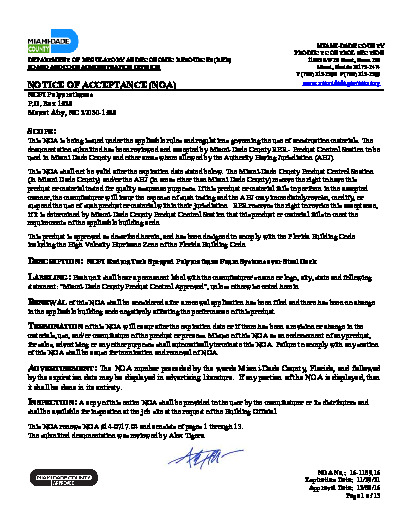 PR CERTIFICATE FL9805 R5 C CAC 1 NCFI ENDURATECH FOAM ROOF STEEL DECK NOA 16110916