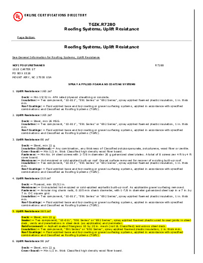 PR CERTIFICATE FL9806 R6 C CAC 5 NCFI FOAM ROOF SYSTEM UL TKGI.R7280