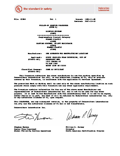 PR CERTIFICATE FL9806 R7 C CAC UL FOLLOW-UP SVC AGREEMENT