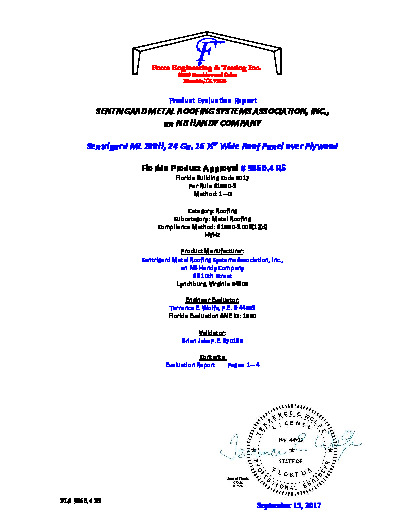 PR Instl Docs FL9860 R5 II ML 100H 24 Ga. over Plywood HVHZ Secured