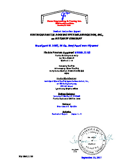 PR Instl Docs FL9860 R5 II SL 150H 24 Ga. over Plywood HVHZ secured