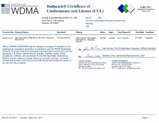 PR CERTIFICATE FL14942 R5 C CAC KOLBE CCL 11015