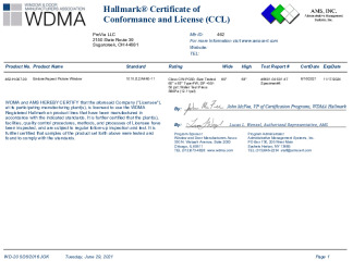 PR CERTIFICATE FL39382 R0 C CAC PROVIA462CCL ASPECT-ENDURE FW 60X63
