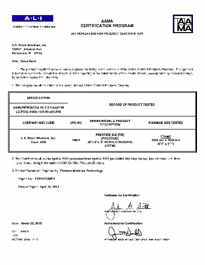 PR CERTIFICATE FL185 R10 C CAC PRESTIGE 662 61X61 LC50 040422