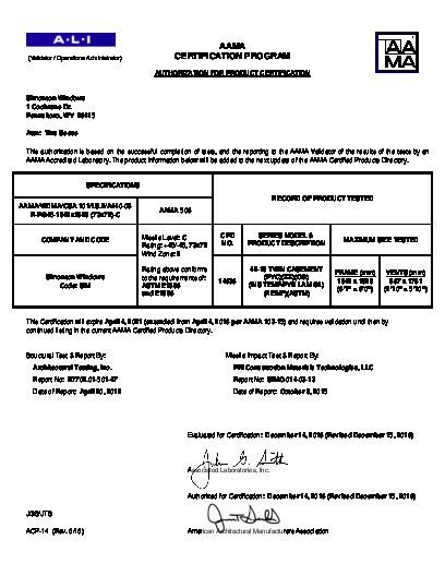 PR CERTIFICATE FL224 R16 C CAC 42-19 TWIN CS IMPACT TEMPERED R PG45 73X72 ASHLAND HARDWARE