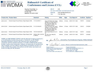PR CERTIFICATE FL17694 R8 C CAC 449-H-018.07 .10 1209 PREMIUM IMPACT PICTURE WINDOW, SINGLE GLAZE