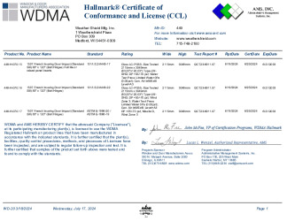 PR CERTIFICATE FL46905 R0 C CAC 449-H-070-15, .16, .17 1507 FRENCH INSWING DOOR IMPACT 2-PANEL BUTT HINGES