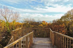 wood railing deck water sky