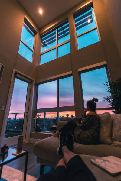 windows door in blue night sky room with decor person